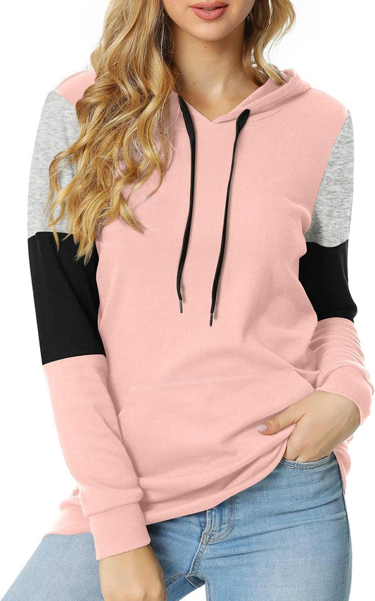 Women'S Casual Drawstring Pullover Tunic Top Long Sleeve Color Block Hoodie Sweatshirts with Pocket